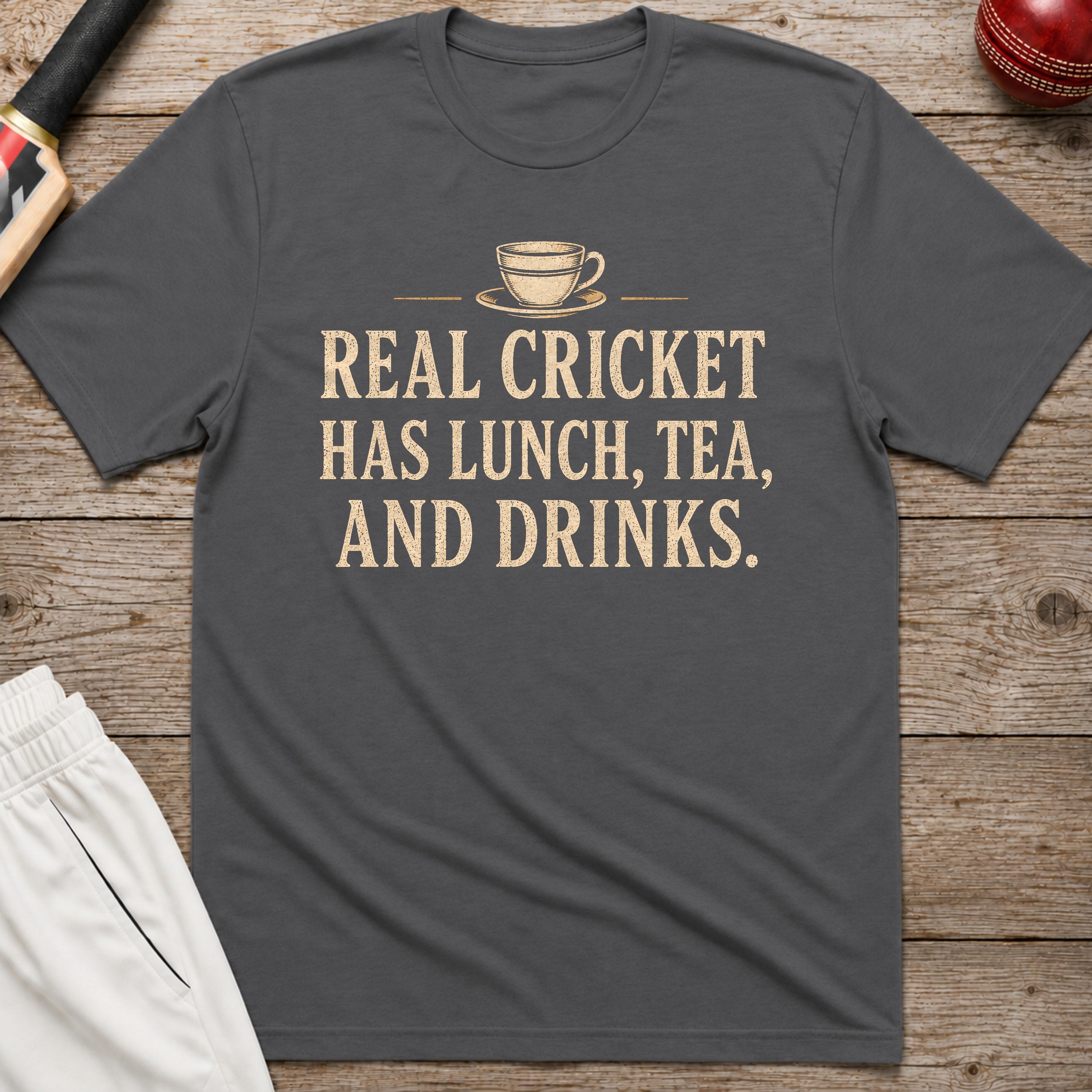 Real Cricket Has Lunch Tea And Drinks T-Shirt - Charcoal