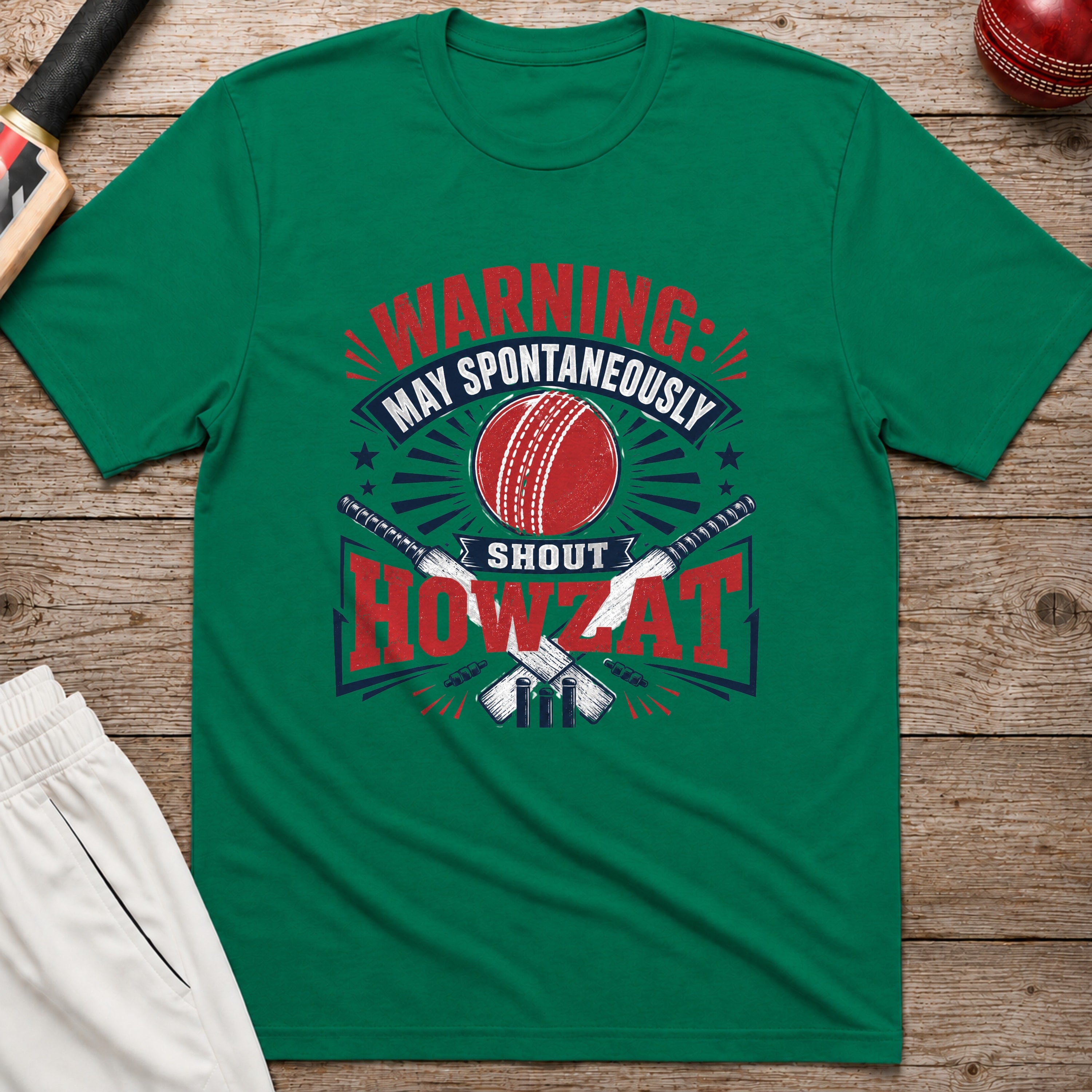 Warning May Spontaneously Shout Howzat T-Shirt - Kelly Green