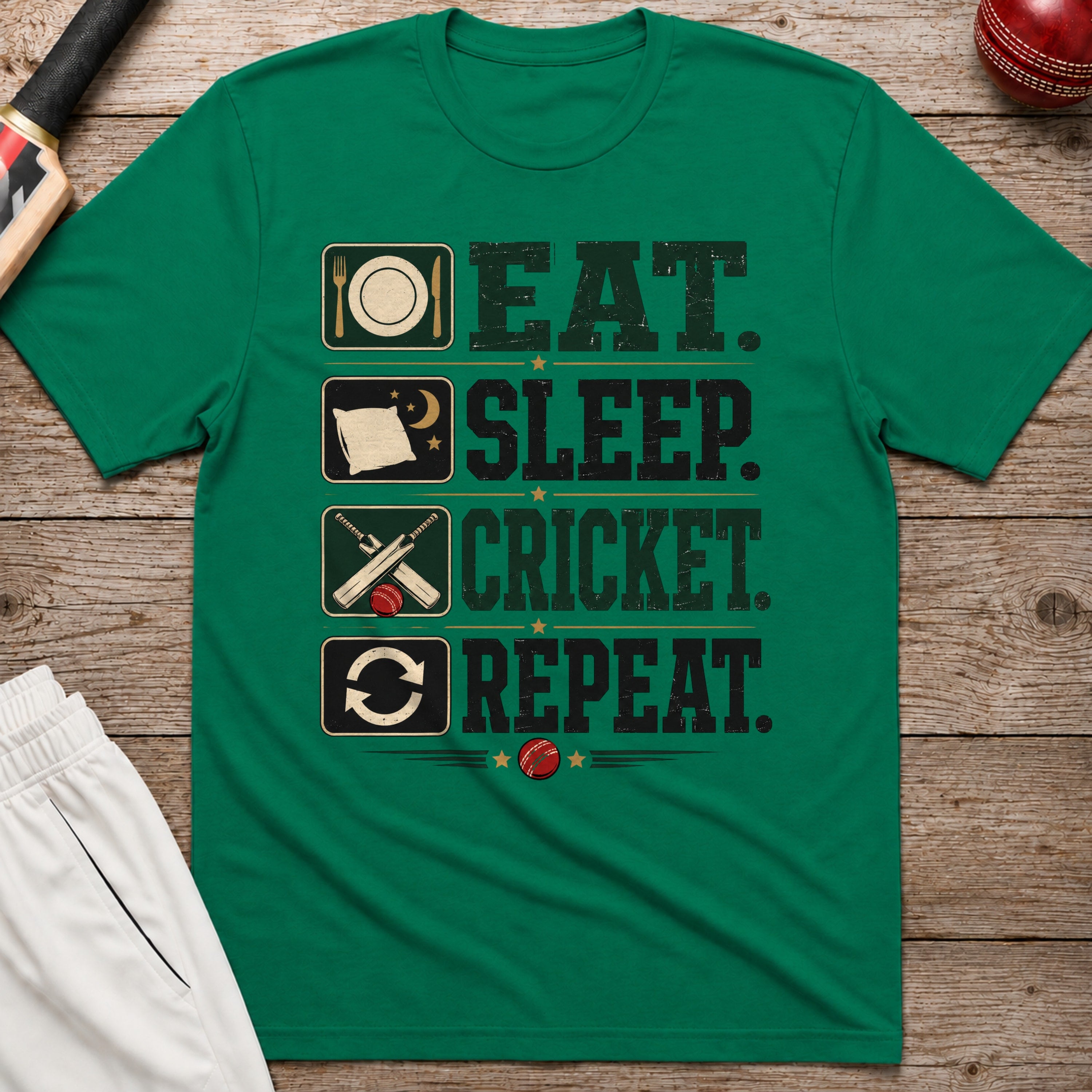 Eat Sleep Cricket Repeat T-Shirt - Kelly Green