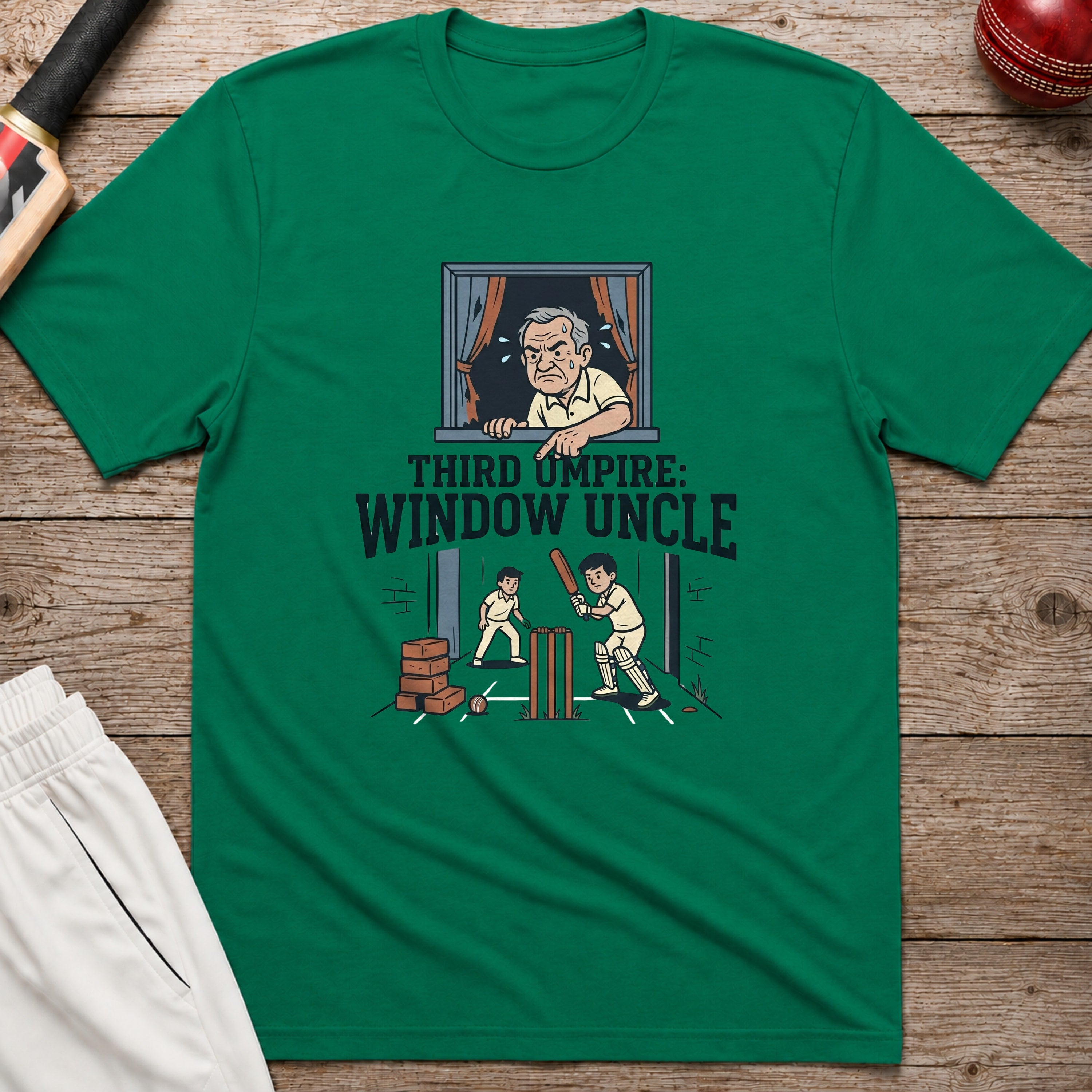 Third Umpire Window Uncle T-Shirt - Kelly Green