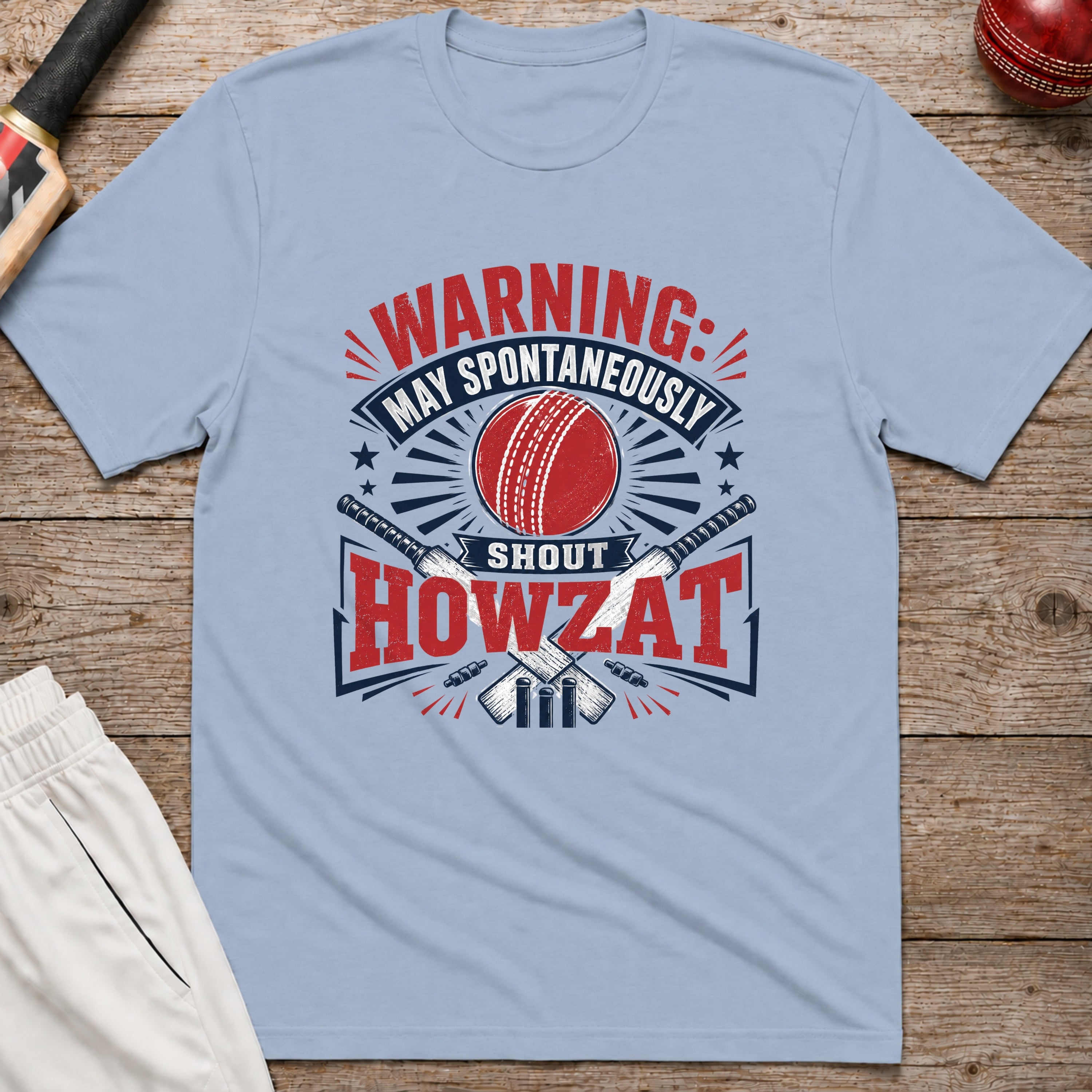 Warning May Spontaneously Shout Howzat T-Shirt - Light Blue