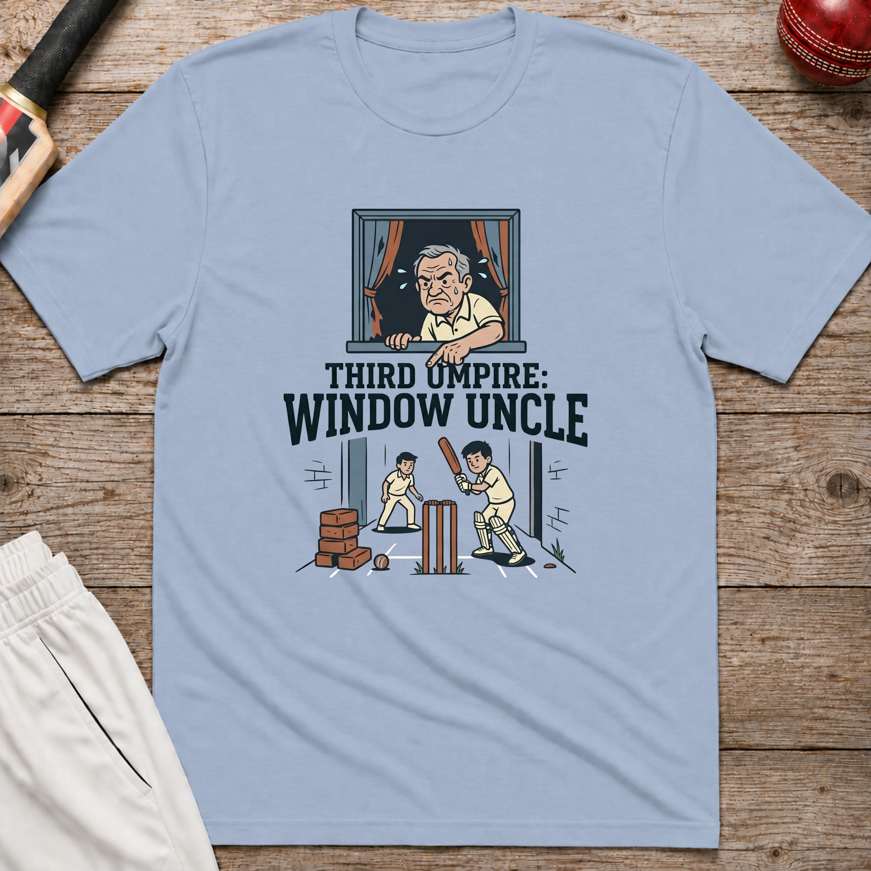 Third Umpire Window Uncle T-Shirt - Light Blue