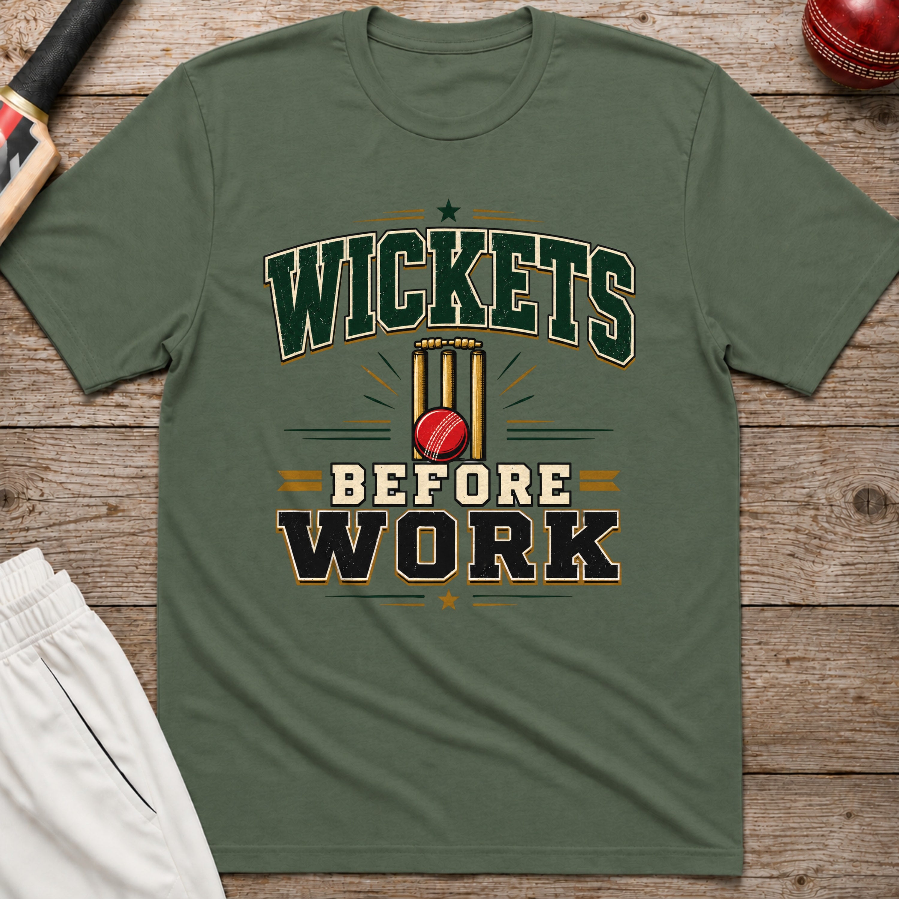 Wickets Before Work T-Shirt - Military Green