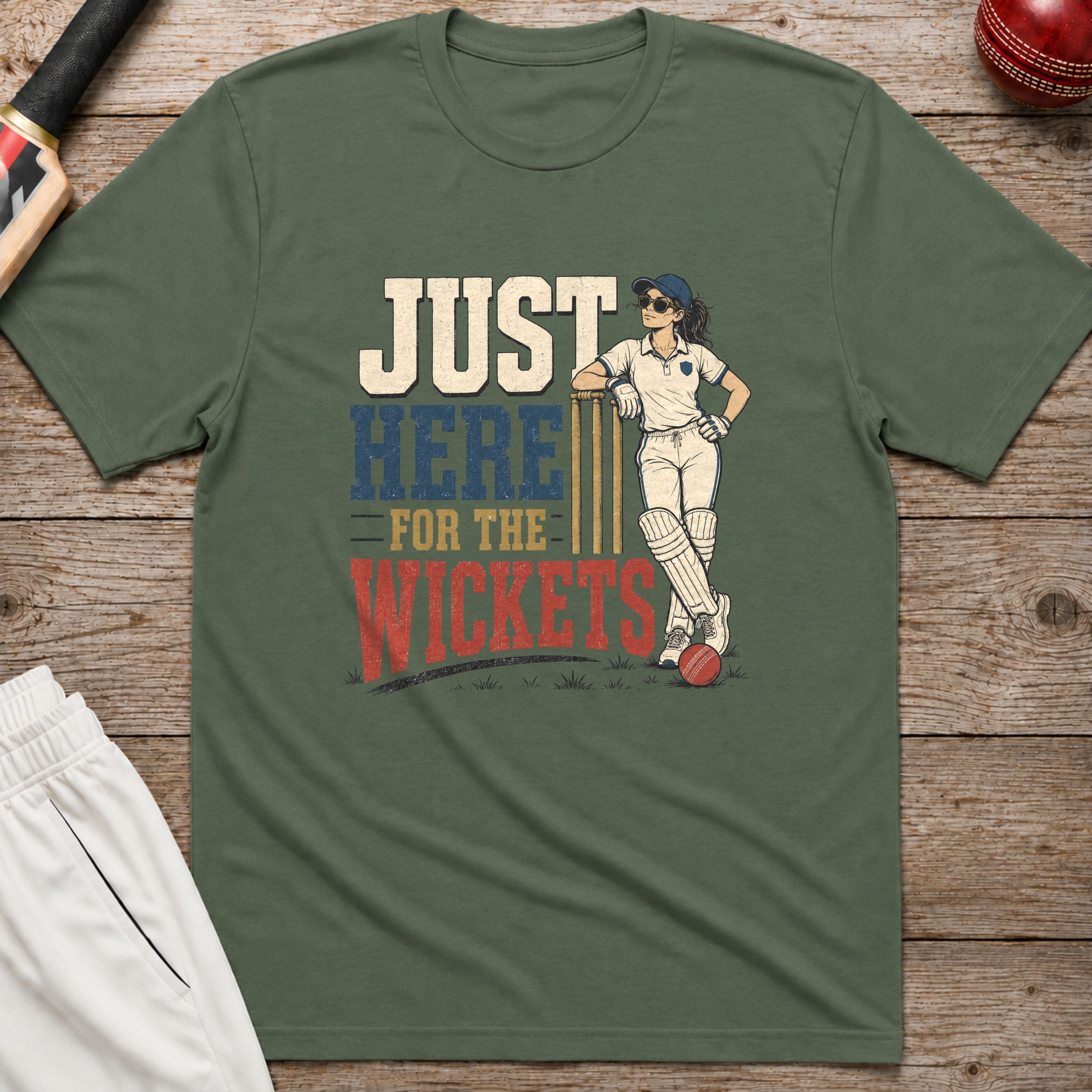 Just Here For The Wickets T-Shirt - Military Green