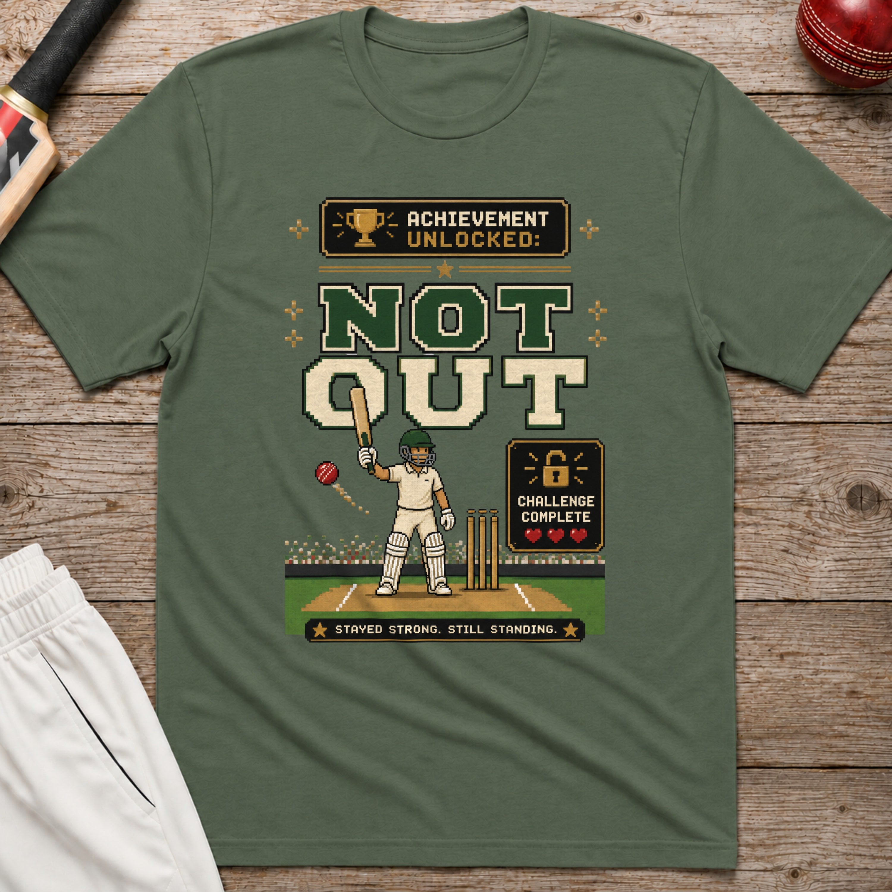 Achievement Unlocked Not Out T-Shirt - Military Green