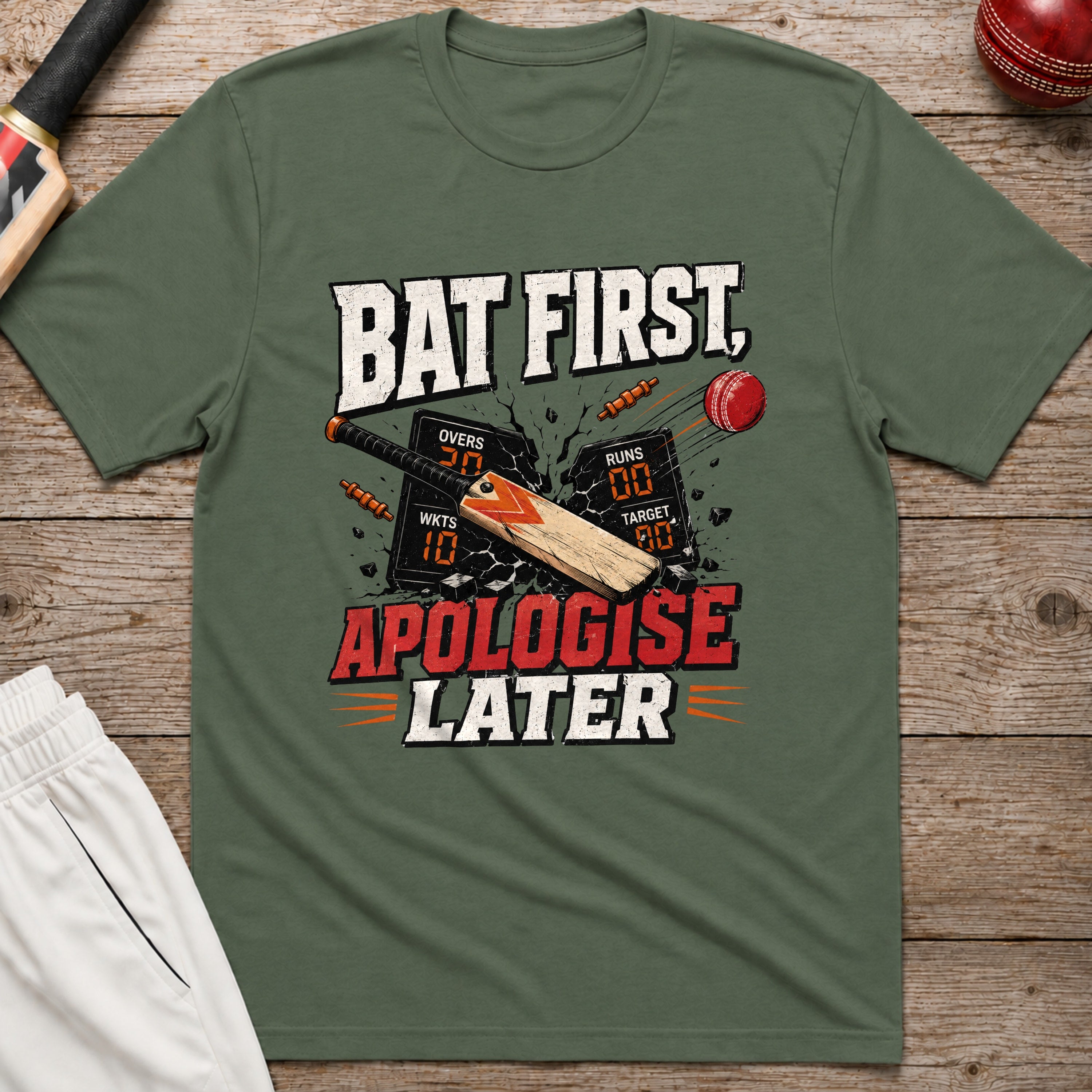 Bat First Apologise Later T-Shirt - Military Green