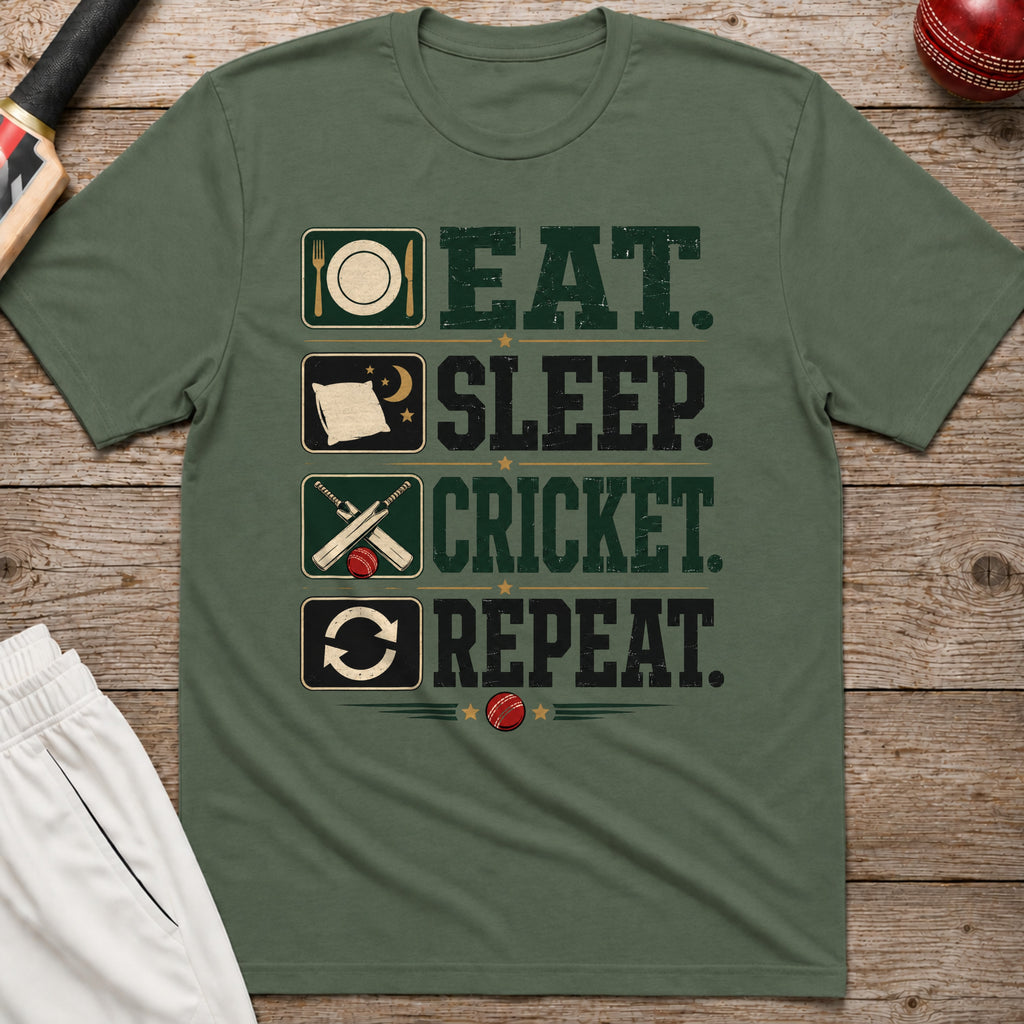 Eat Sleep Cricket Repeat T-Shirt - Military Green