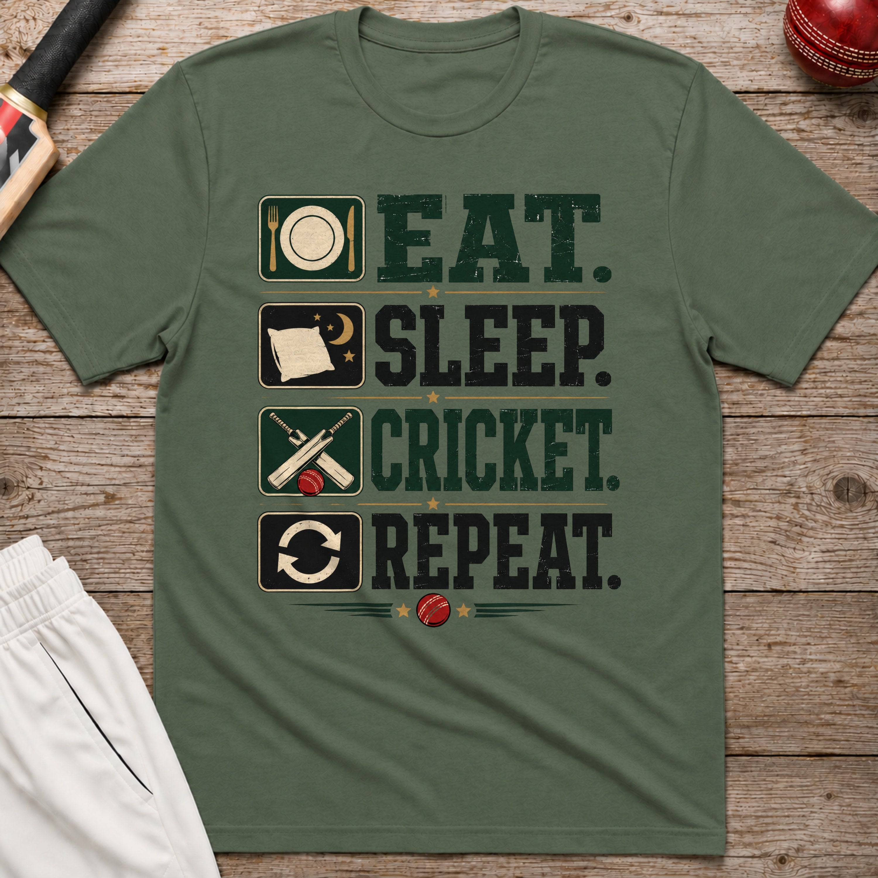 Eat Sleep Cricket Repeat T-Shirt - Military Green