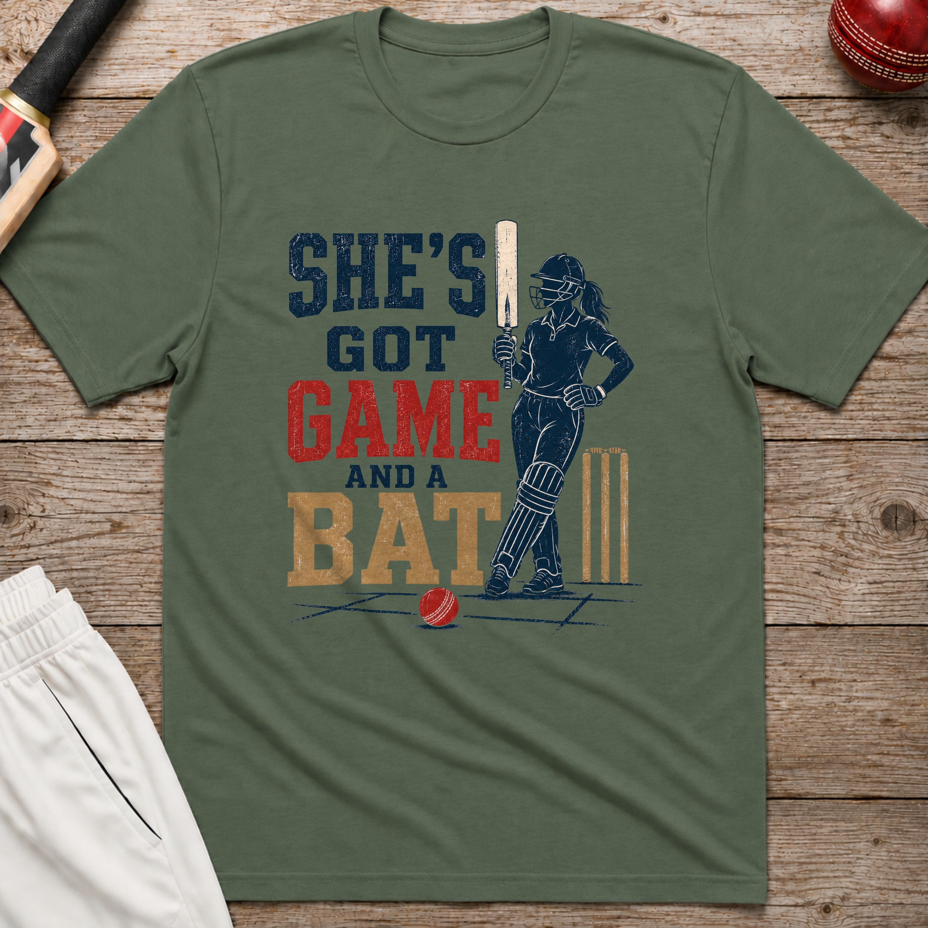 Shes Got Game And A Bat T-Shirt - Military Green