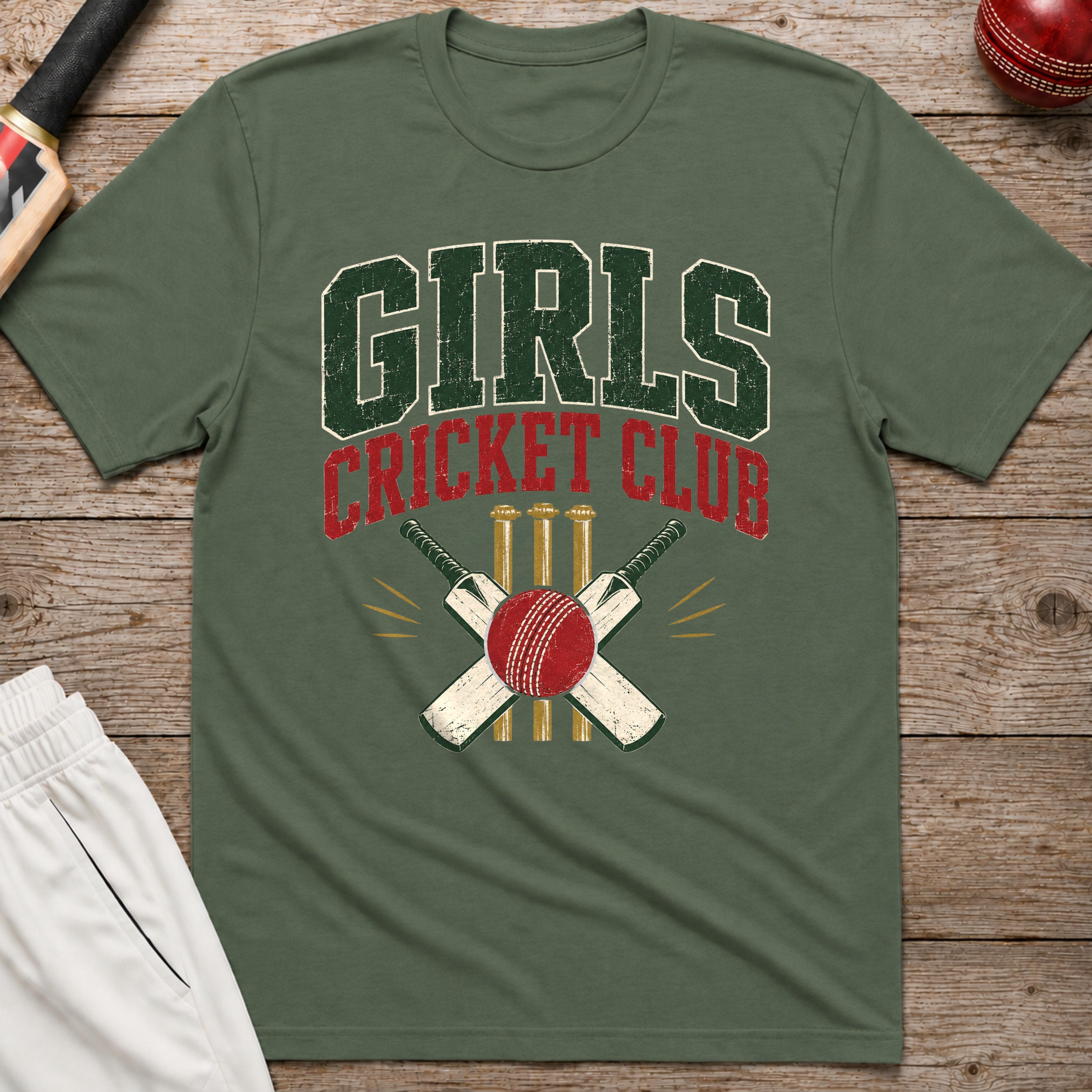 Girls Cricket Club T-Shirt - Military Green