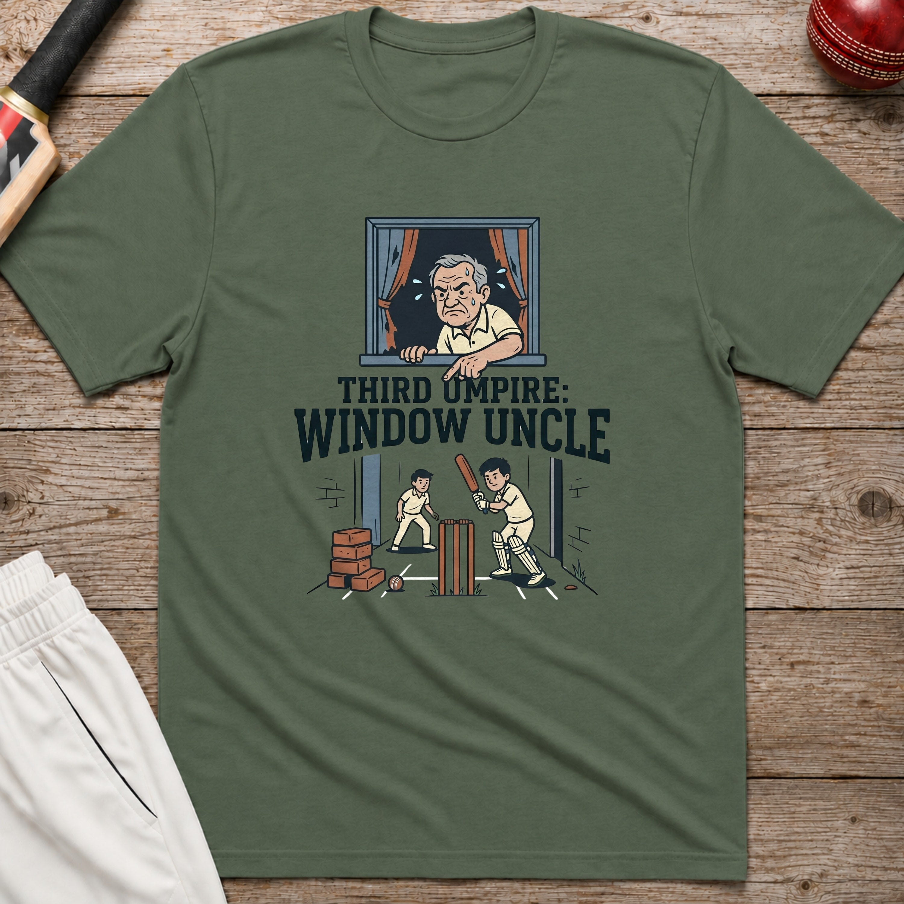 Third Umpire Window Uncle T-Shirt - Military Green