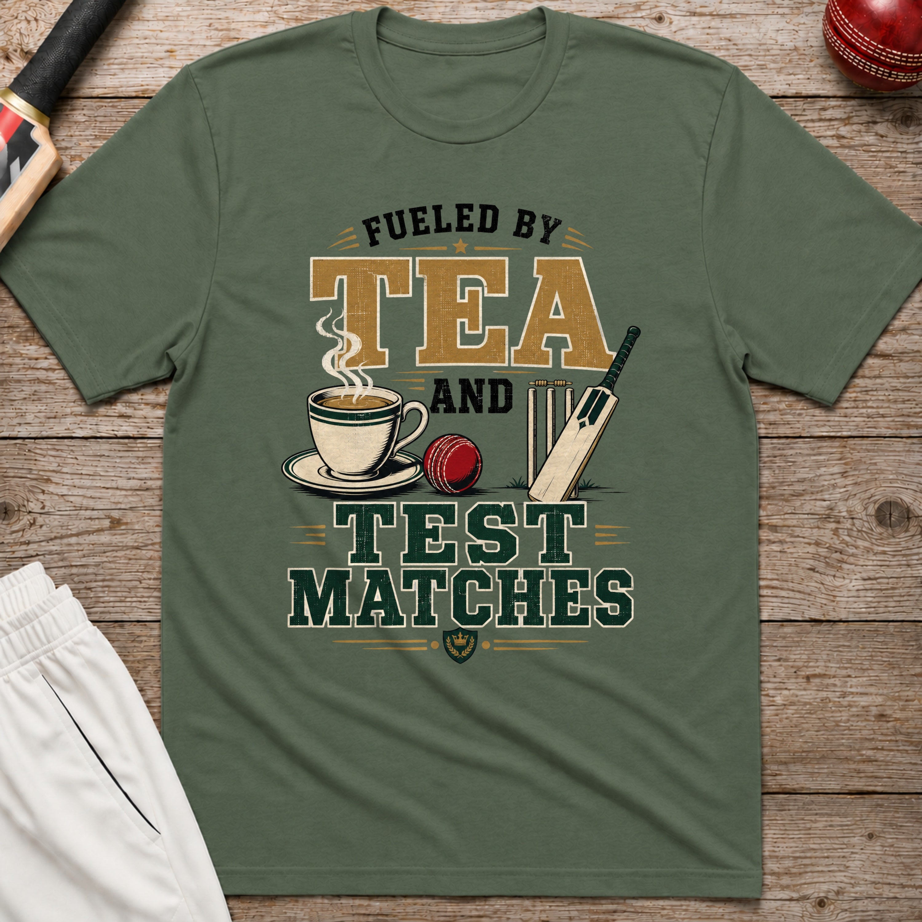 Fueled By Tea And Test Matches T-Shirt - Military Green