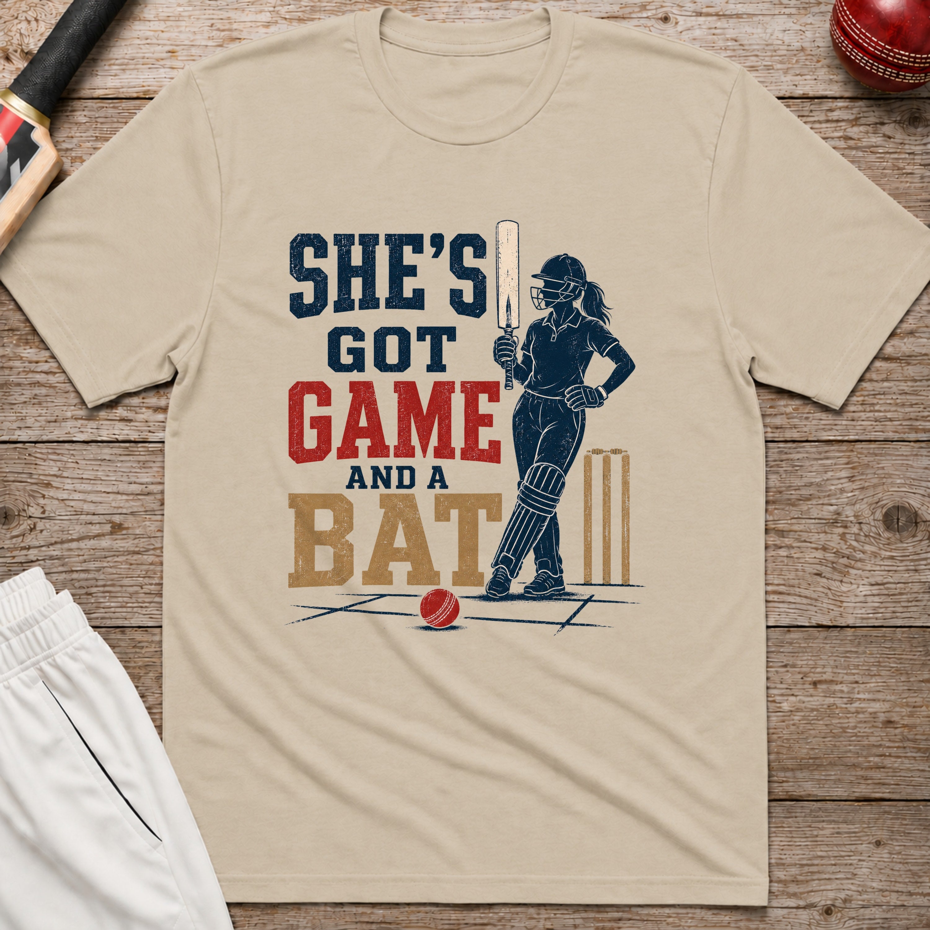 Shes Got Game And A Bat T-Shirt - Sand