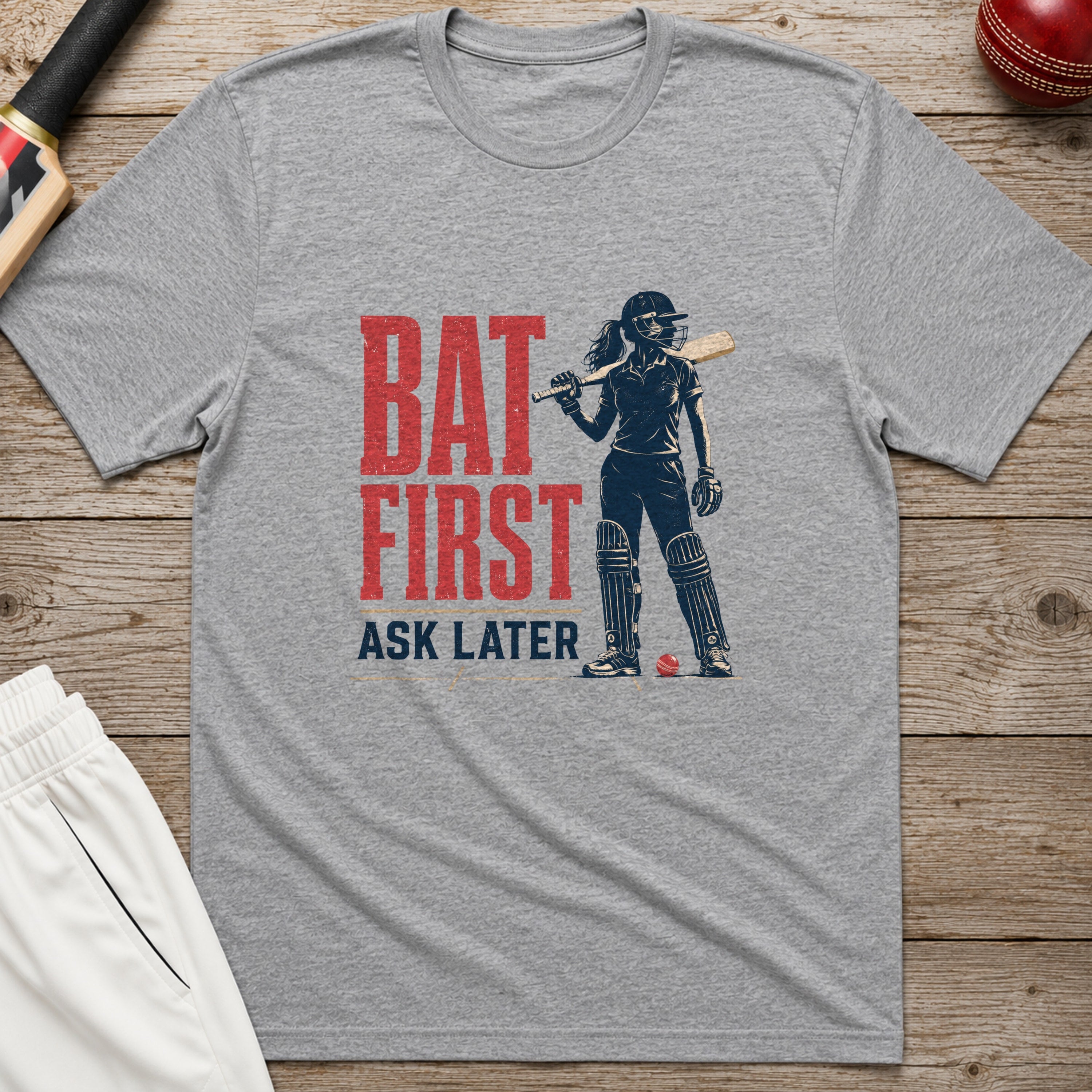 Bat First Ask Later Cricket T-Shirt - Sport Grey
