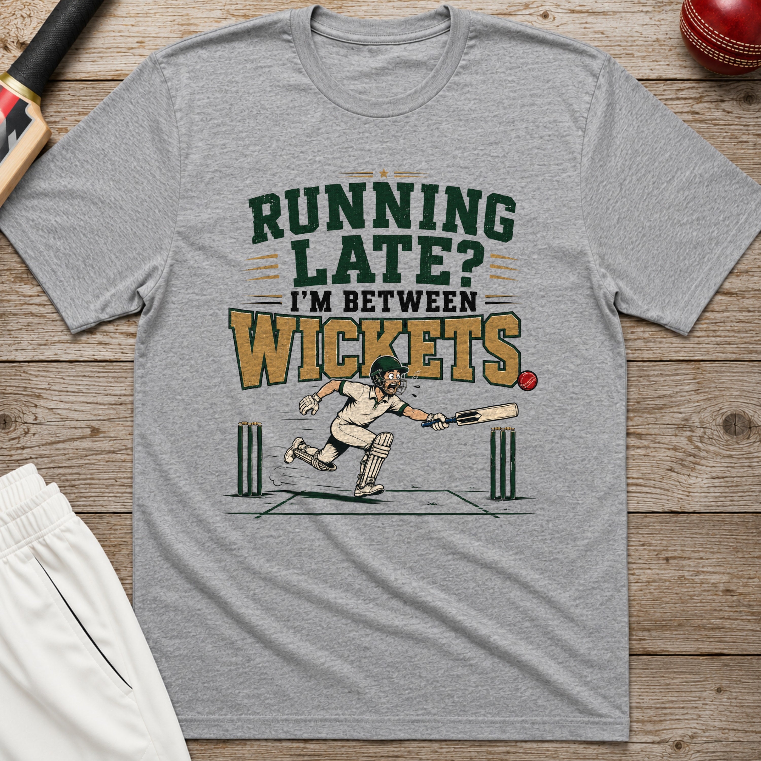 Running Late Im Between Wickets T-Shirt - Sport Grey