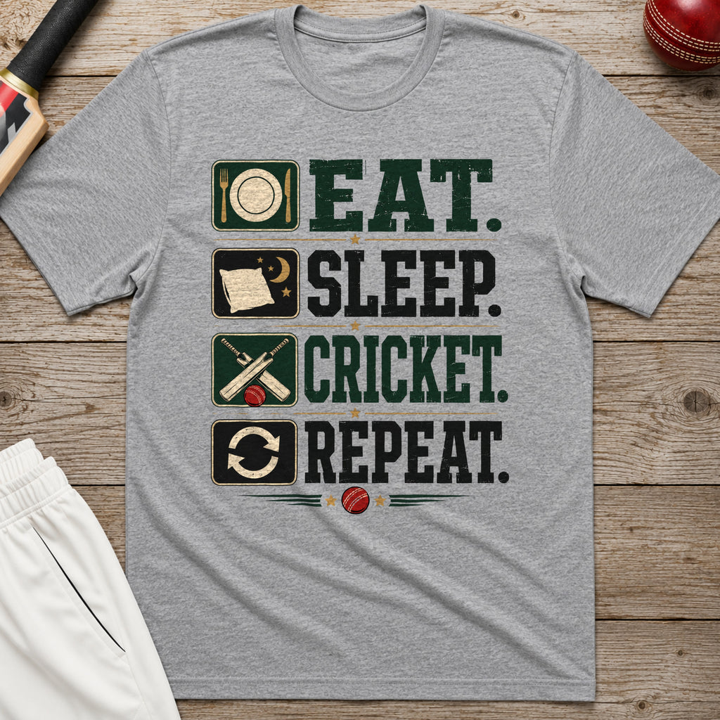 Eat Sleep Cricket Repeat T-Shirt - Sport Grey