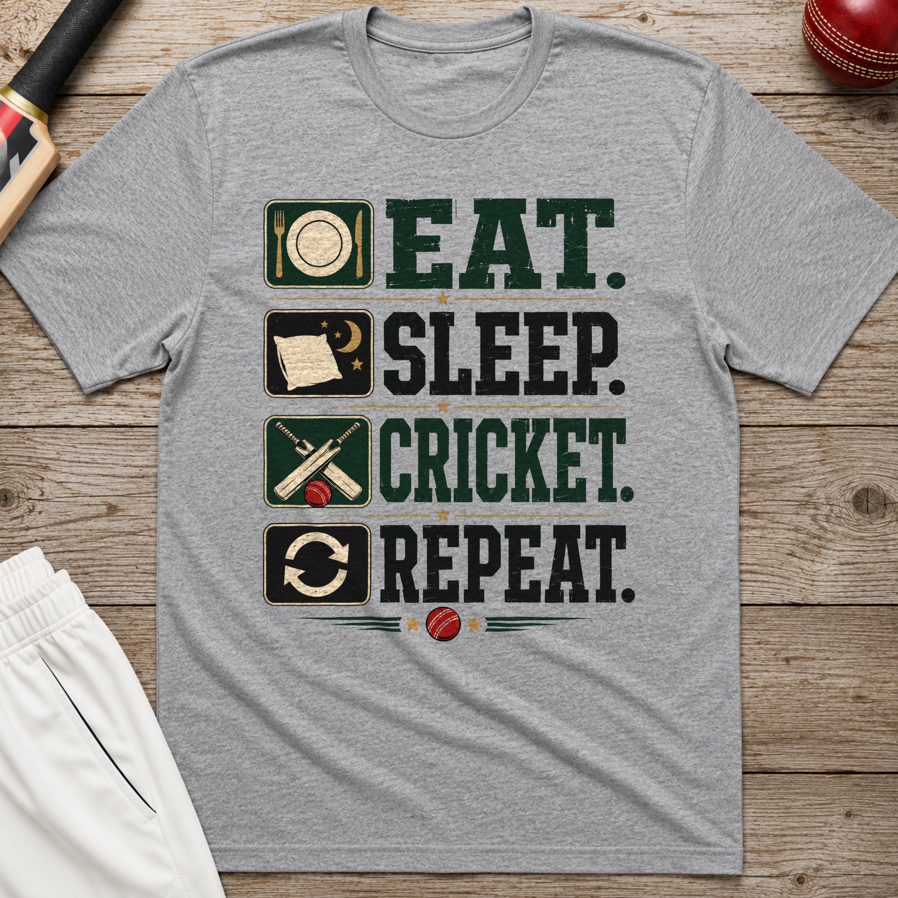 Eat Sleep Cricket Repeat T-Shirt - Sport Grey