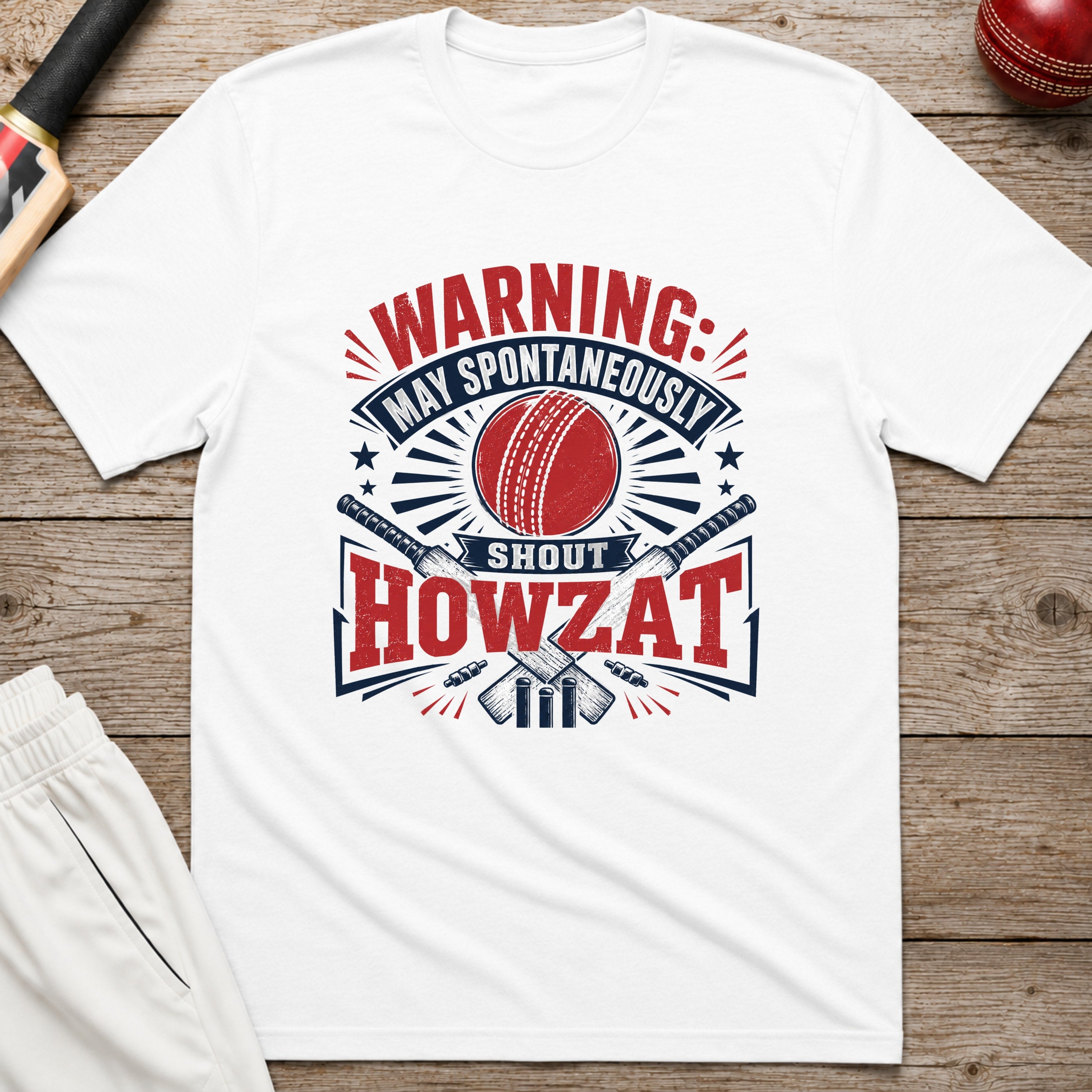 Warning May Spontaneously Shout Howzat T-Shirt - White