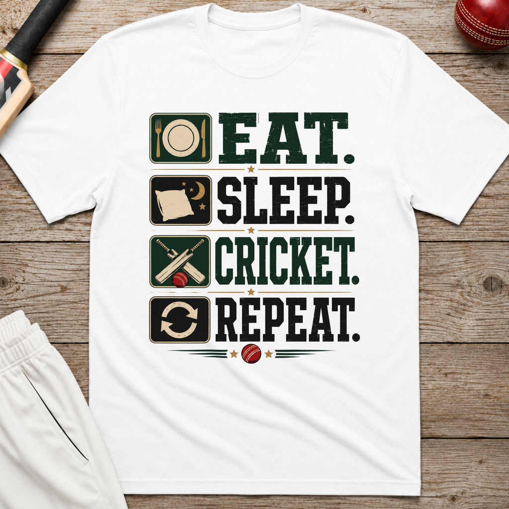 Eat Sleep Cricket Repeat T-Shirt - White